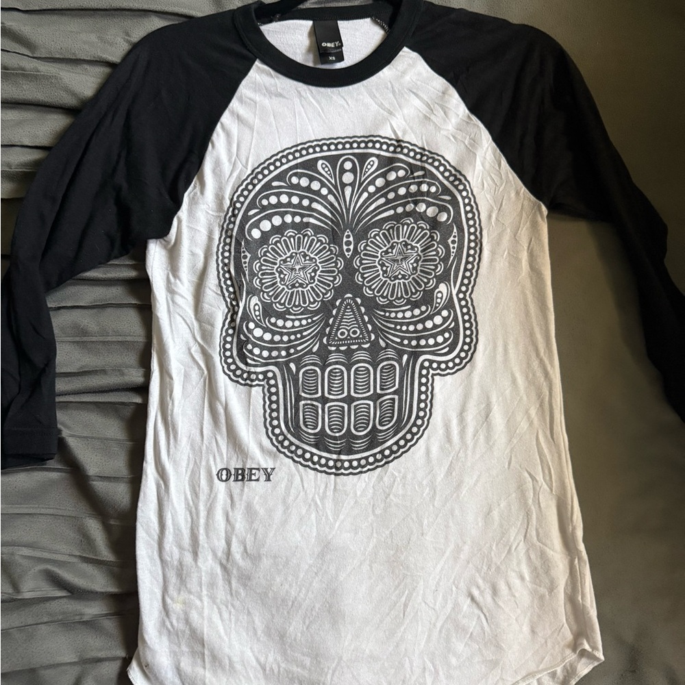 Obey Black and White Skull Raglan Shirt